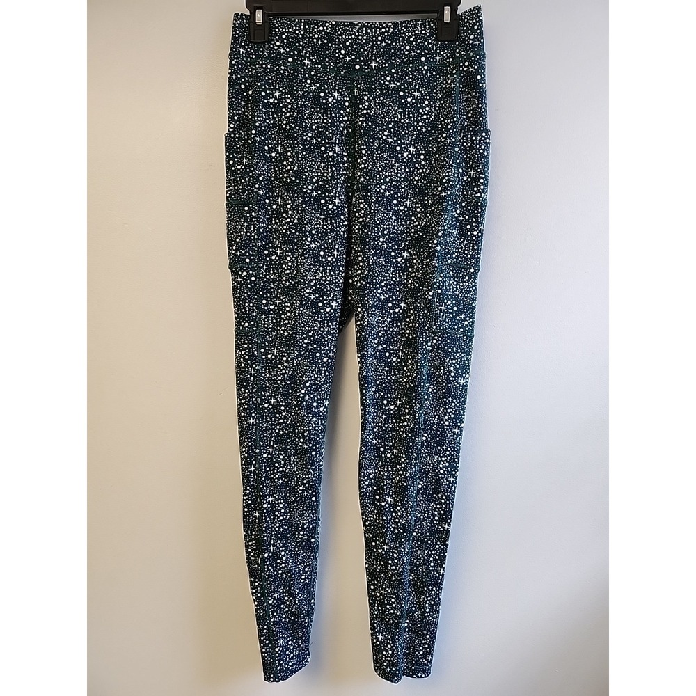 Pop Fit Leggings Sz L Green Celestial Star Print Ankle Length Leggings w Pockets
